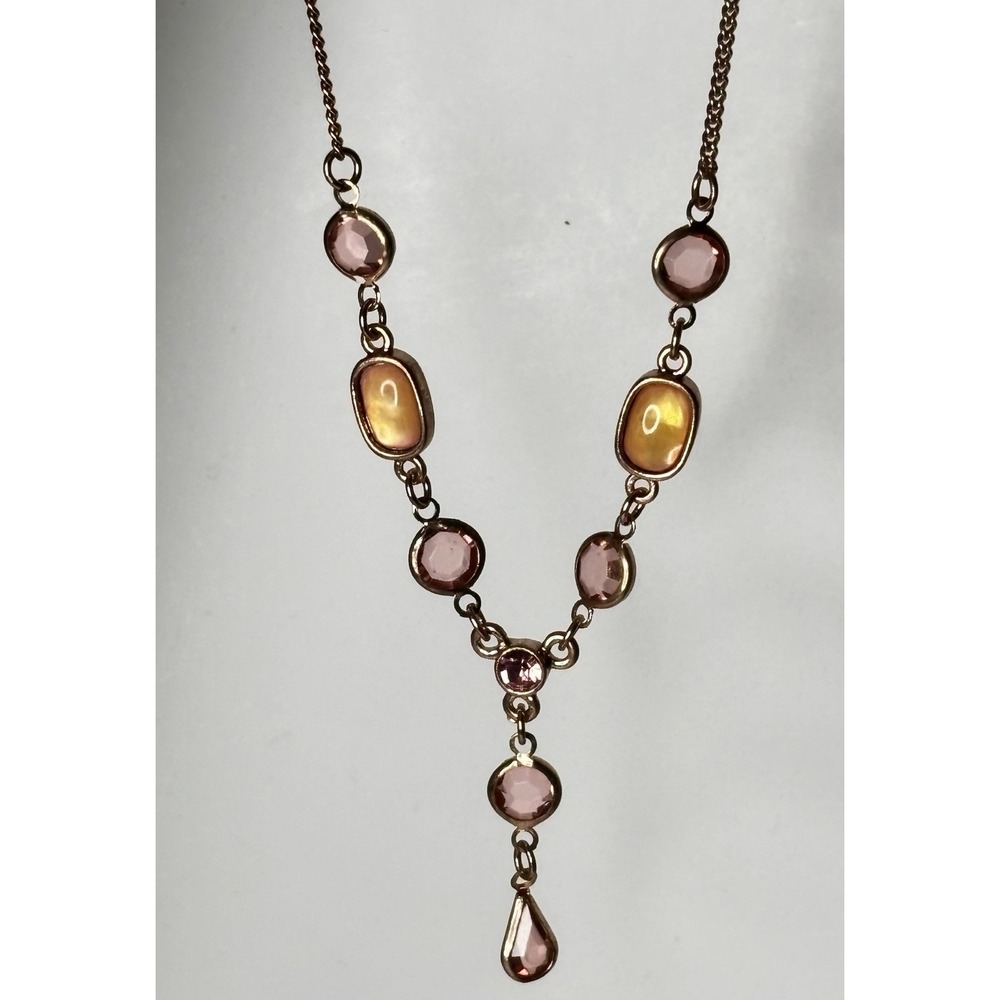 Y2K 19.5" Pink Orange Crystal Y Drop Necklace Copper Tone 1928 Brand